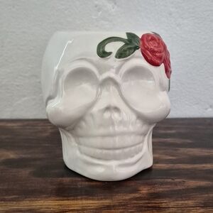 White Ceramic Skull Mug with Red Rose Accent